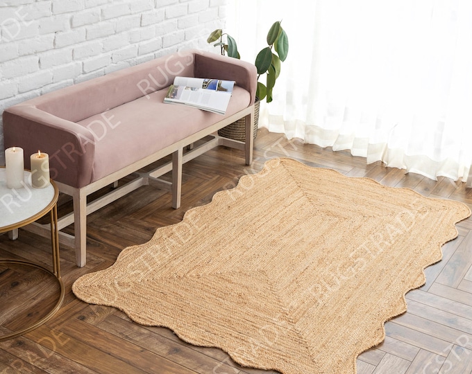 Scalloped Jute Area Rug: Boho Wave Edge Design (5x7 to 9x12)