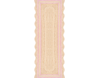Scalloped Jute Runner Rug Pink, Jute Runner Rug 2x6, Handmade Braided Hallway Runner, Kitchen Entryway Rug, Natural Jute Runner