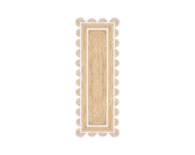 Jute Runner Rug - White Scalloped Runner Rug, Bohemian Jute Rug, Natural Jute Rug, Scalloped Rug, Jute Scallop Rug, Sisal Runner, Custom Rug