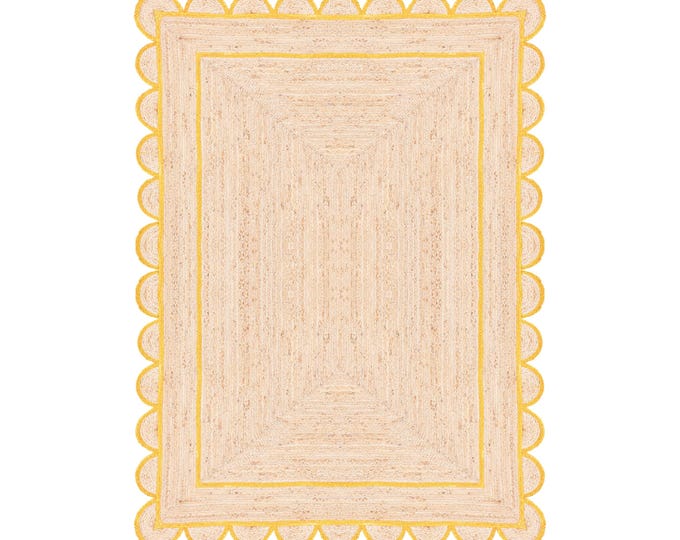 Boho Jute Runner Rug, Hand-braided, Scalloped Yellow Edge (Custom Sizes)