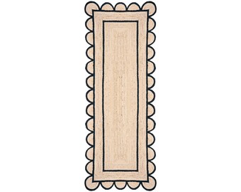 Scalloped Jute Runner Rug Black, Handmade Braided Hallway Runner 2x6, Kitchen Entryway Rug, Natural Fiber Floor Runner