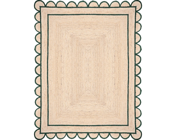 Jute Rug - Emerald Green Scalloped Jute Rug, Runner Rug, Door Mat, Handcrafted Rug, Stair Runner, Rugs Gift, Christmas Door Mat, Custom Rug