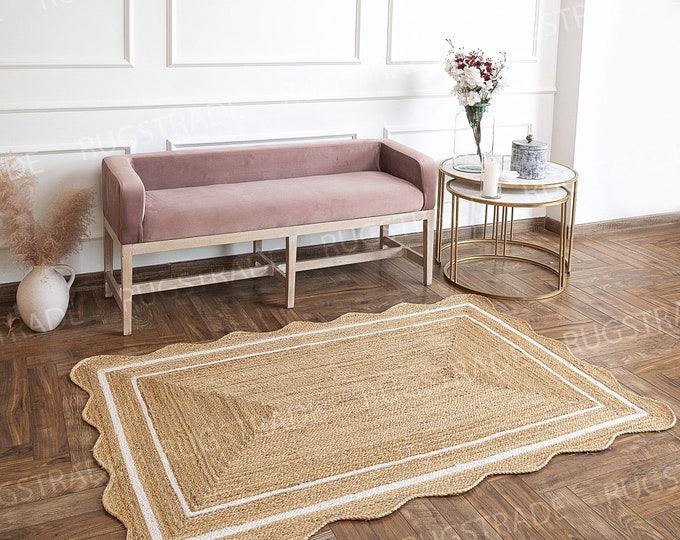 White Wave Scalloped Rug- White Wave Jute Rug,  Jute Scalloped Rug, Customizable Area Rug