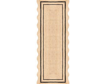 Scalloped Jute Runner Rug Black, Hallway Runner Rug, Braided Jute Runner, Kitchen Runner Rug, Entryway Rug, Handmade Natural Jute Rug