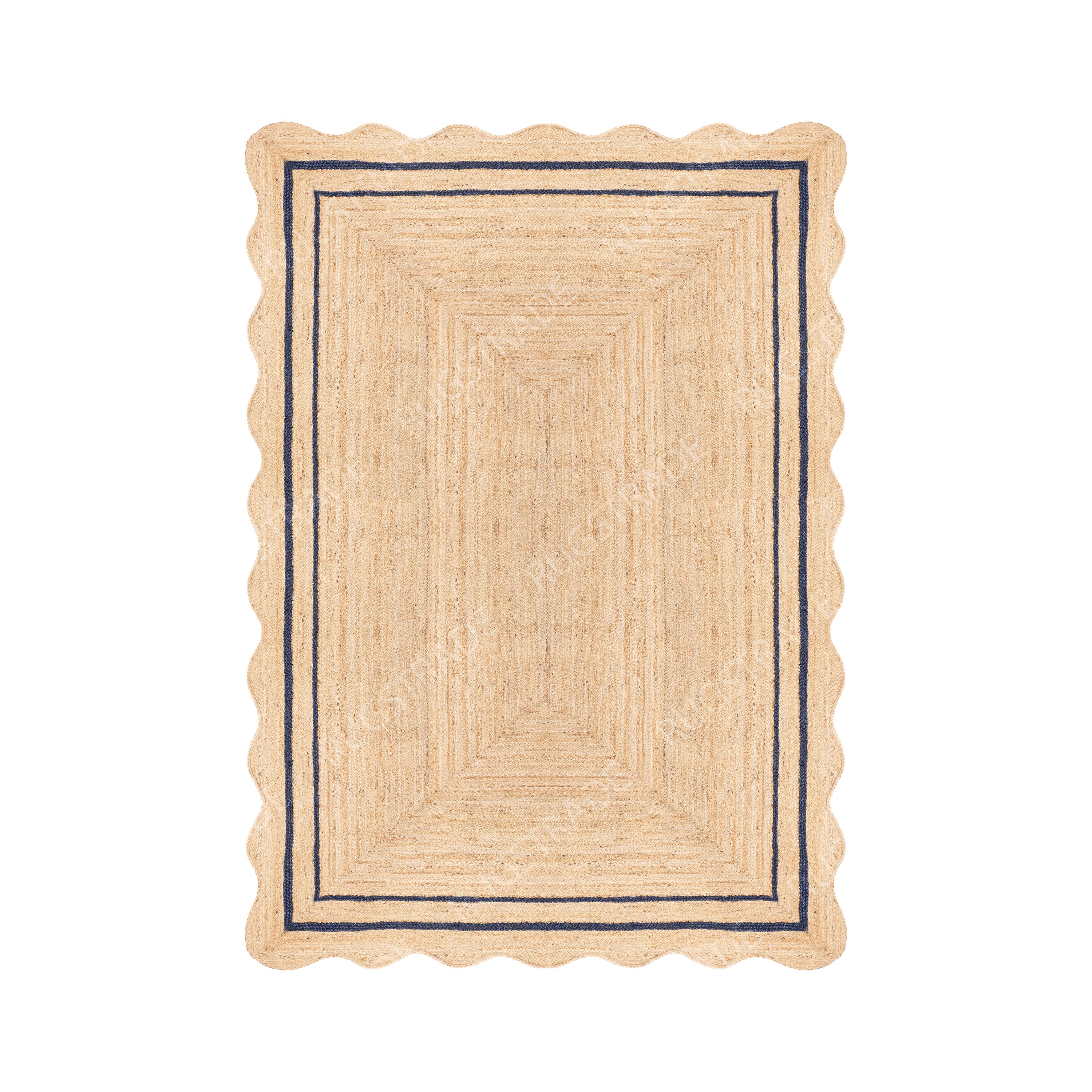 Jute Rug- Navy Scalloped Rug, Jute Scalloped Rug, Boho Scallop Rug, Natural Jute Area Rug, Jute Rug Rectangular, Jute Scallop Rug Custom Rug