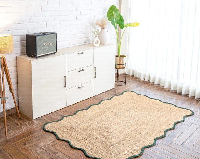 Scallop Jute Rug- Emerald Green Scalloped Jute Rug, Jute Rug, Boho Jute Rug, Scalloped Rug, Natural Jute Area Rug, Jute Decor Rug Custom Rug