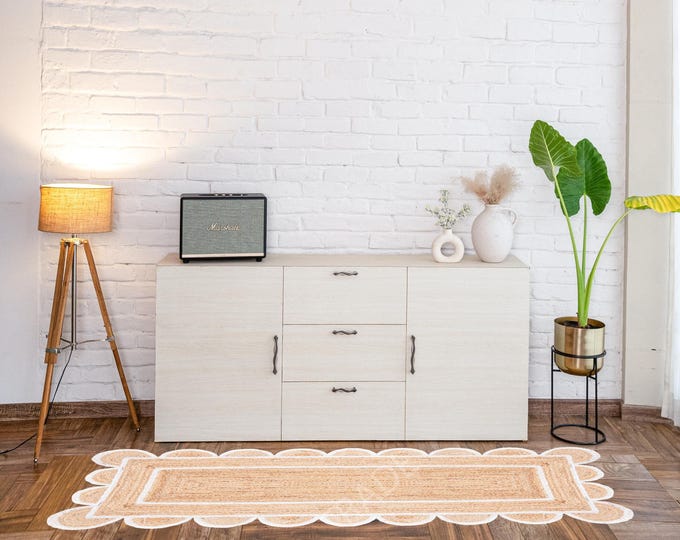 White Scalloped Runner Rug - Jute Runner Rug, Bohemian Jute Rug, Natural Jute Rug, Scalloped Rug, Jute Scallop Rug, Sisal Runner, Custom Rug