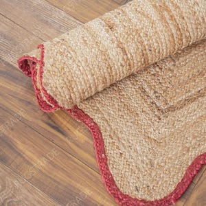 Alfombra de yute - Rojo rústico, alfombra de pasillo con borde festoneado, alfombra de cocina trenzada hecha a mano, alfombra bohemia natural imagen 2