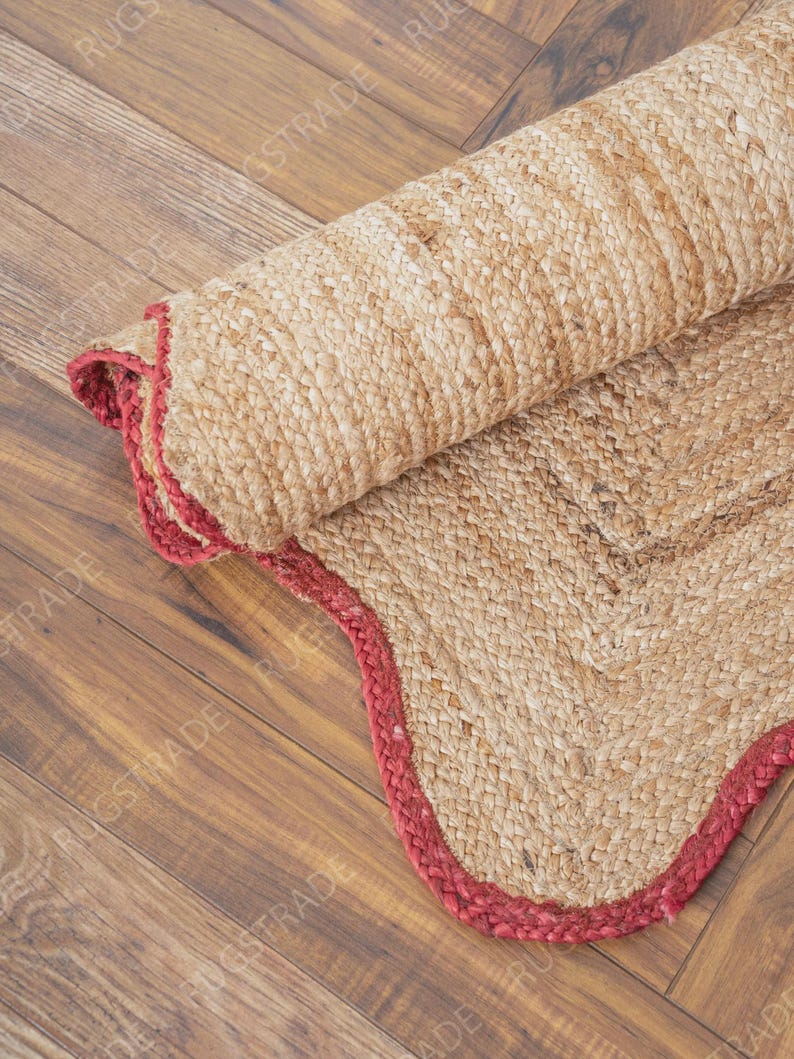 Alfombra de yute - Rojo rústico, alfombra de pasillo con borde festoneado, alfombra de cocina trenzada hecha a mano, alfombra bohemia natural imagen 2