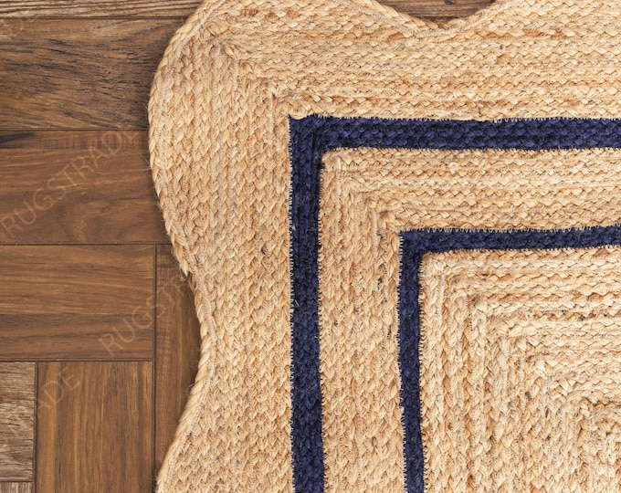 Scalloped Jute Rug With Navy Border, Boho Coastal Farmhouse Rug, Custom Size Jute Rug, Versatile Indoor Area Rug, Durable High Traffic Rug