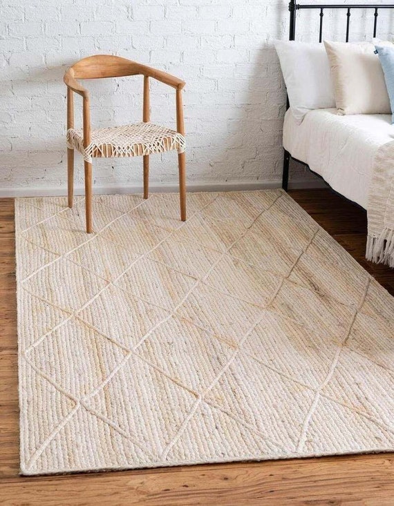 Handcrafted Rectangular White Rugs, Off white Jute Floor mat handmade