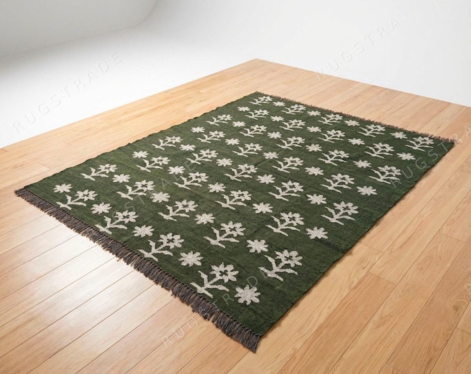 Southwestern Floral Wool Jute Rug, Bohemian Kilim Runner, Handwoven Indian Dhurrie Home Decor
