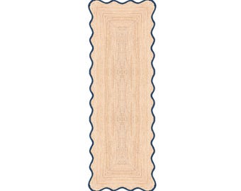 Scalloped Jute Runner Rug Navy, Hallway Runner Rug, Braided Jute Runner, Kitchen Runner Rug, Entryway Rug, Handmade Natural Jute Rug