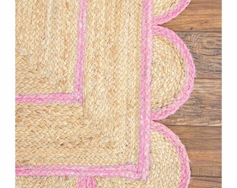Braided Jute Rug, Handmade Natural Area Rug, Scalloped Boho Rug, Woven Farmhouse Rug, Coastal Living Room Decor