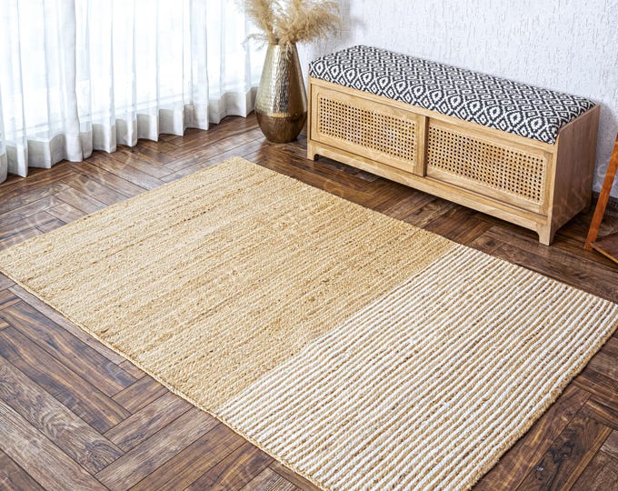 Handmade Jute Rug-  Natural Rug, Area Jute Rug, Bohemian Rug, White & Natural Jute Rug, Beige Color Jute Rug, Rectangular Rug, Custom Rug