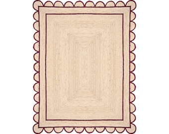 Scalloped Jute Rug Rustic Red, Handwoven Natural Braided Area Rug 5x7 8x10 9x12, Boho Farmhouse Living Room Rug