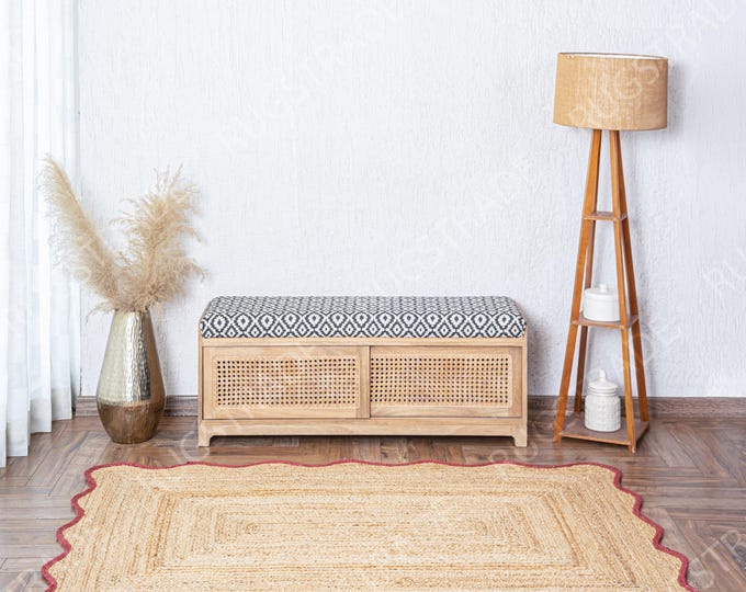 Scalloped Jute Rug- Rustic Red Wave Edge Jute Rug, Jute Scalloped Rug, Bohemian Scallop Rug, Rectangular Natural Jute Area Rug, Custom Rug