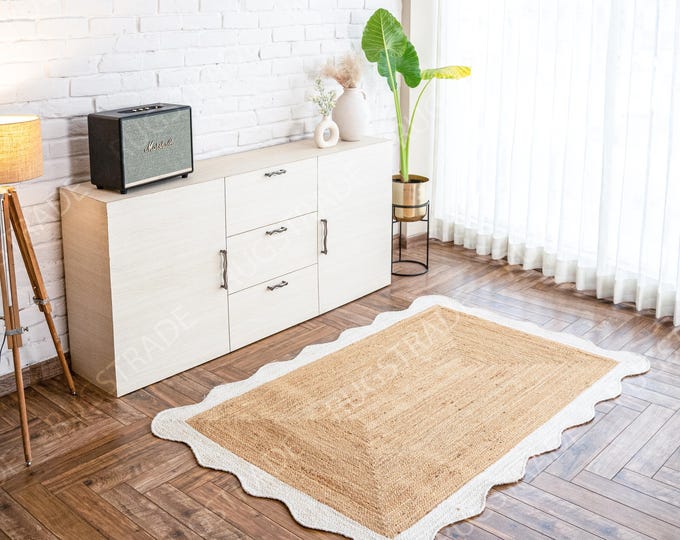 White Border Scalloped Rug - Jute Rug, Scalloped Jute Rug, Bohemian Rug, Jute  Scallop Rug, Jute Rug Rectangular Scallop Jute Rug Custom Rug