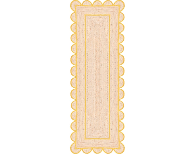 Scalloped Jute Rug - Yellow Edge Scalloped Jute Rug, Door Mat, Handcrafted Rugs ,Nursery Rug, Rugs Gift, Yoga Mat ,Custom Jute Rug, Carpet