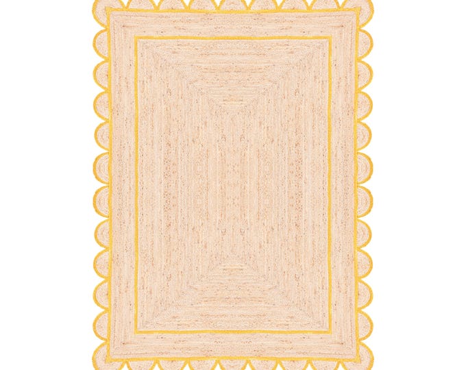 Scalloped Jute Rug- Yellow Edge Scalloped Jute Rug, Runner Rug, Door Mat, Handcrafted Rug, Stair Runner, Christmas Door Mat, Custom Rug