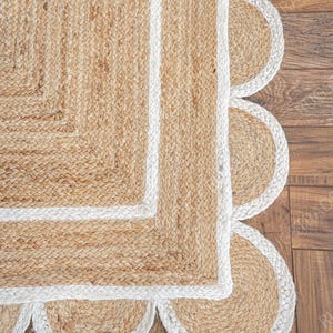 Alfombra de yute natural con borde festoneado - Alfombra de yute blanca con borde festoneado, alfombra de yute grande, alfombra con borde festoneado, alfombra de yute tipo pasillo, alfombra cuadrada de yute estilo bohemio, alfombra personalizada imagen 6
