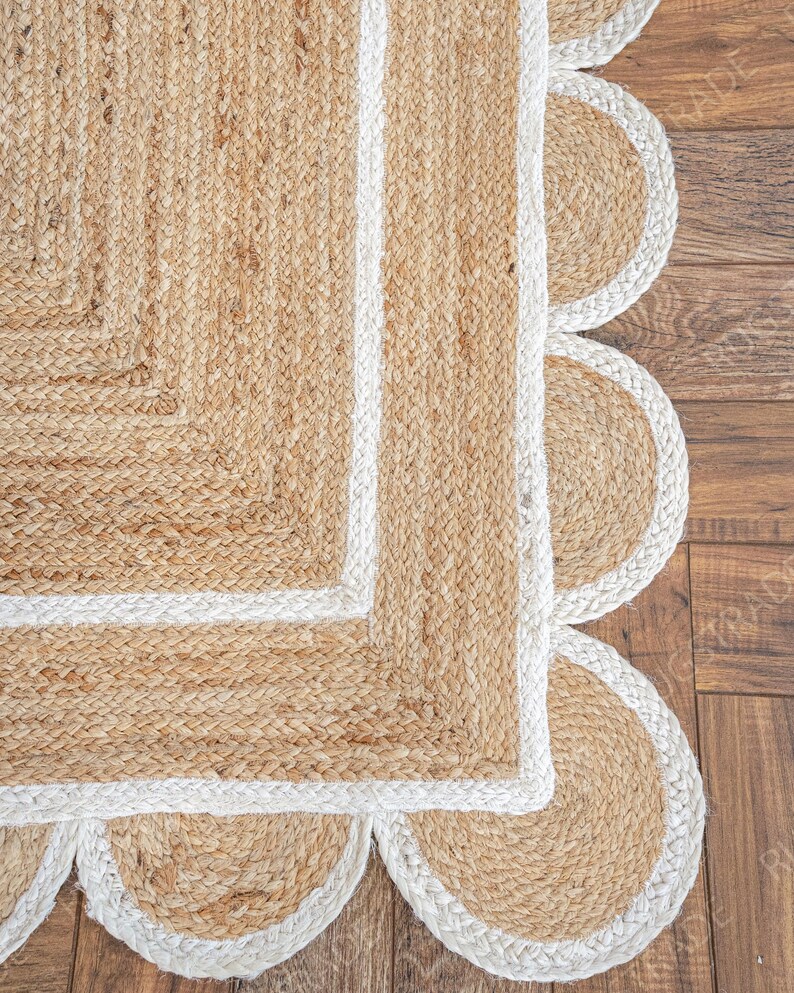 Alfombra de yute natural con borde festoneado - Alfombra de yute blanca con borde festoneado, alfombra de yute grande, alfombra con borde festoneado, alfombra de yute tipo pasillo, alfombra cuadrada de yute estilo bohemio, alfombra personalizada imagen 6