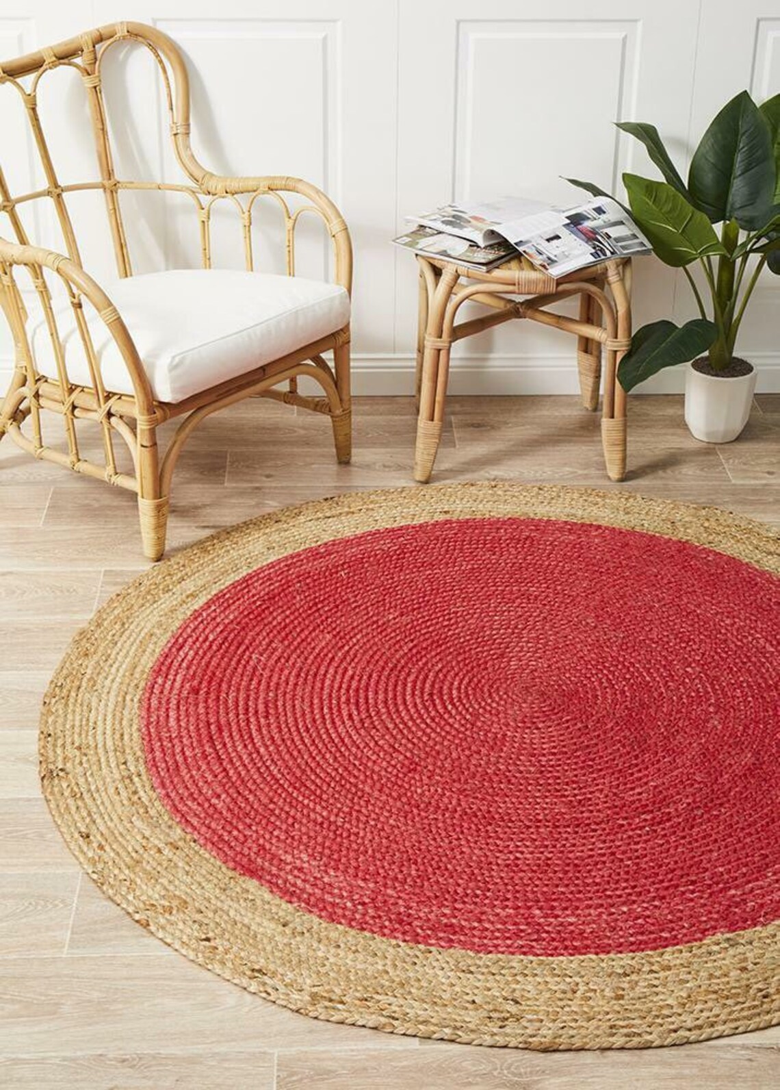 Red Color Natural Hand Made Jute Round Rug Bohemain Jute Rug Etsy
