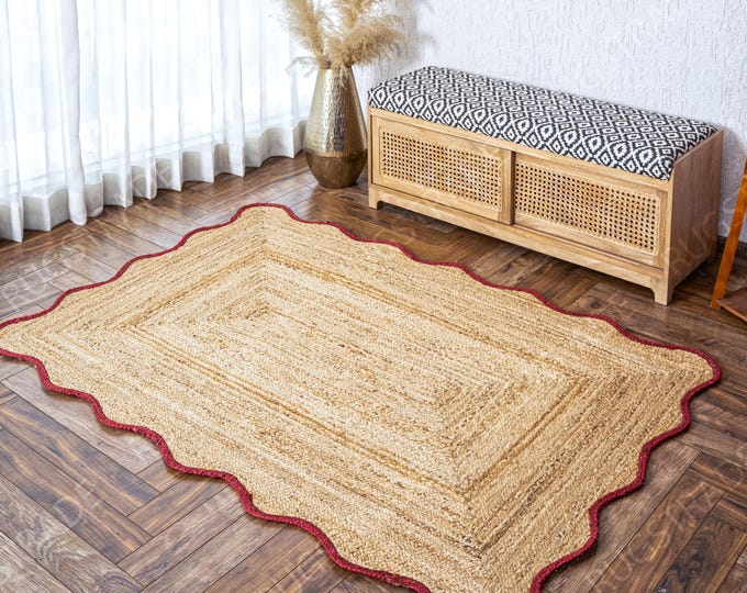 Scalloped Jute Rug - Rustic Red Scalloped Jute Rug, Jute Rug, Boho Jute Rug, Scalloped Rug, Natural Jute Area Rug, Jute Decor Rug Custom Rug