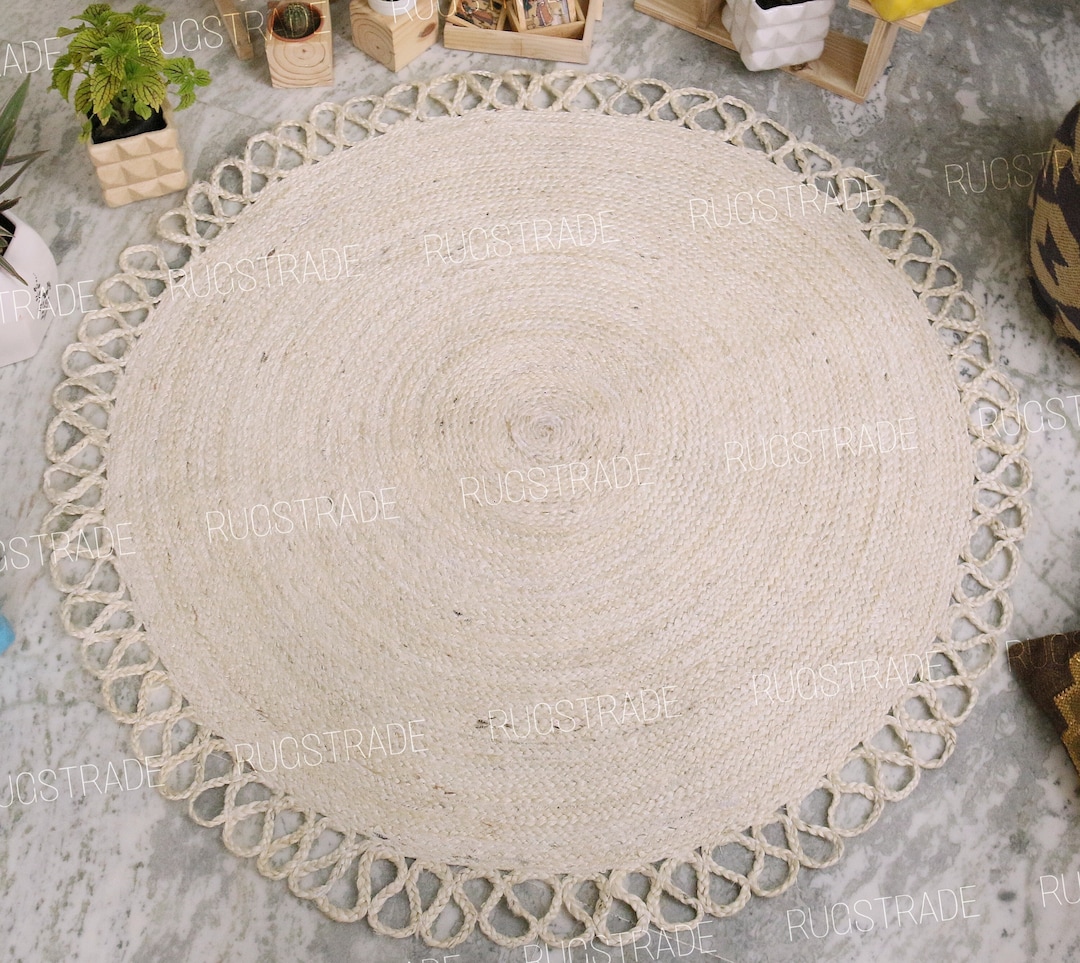 White Round Rug Round Jute Rug, Bohemian Round Rug, Natural Jute Rug