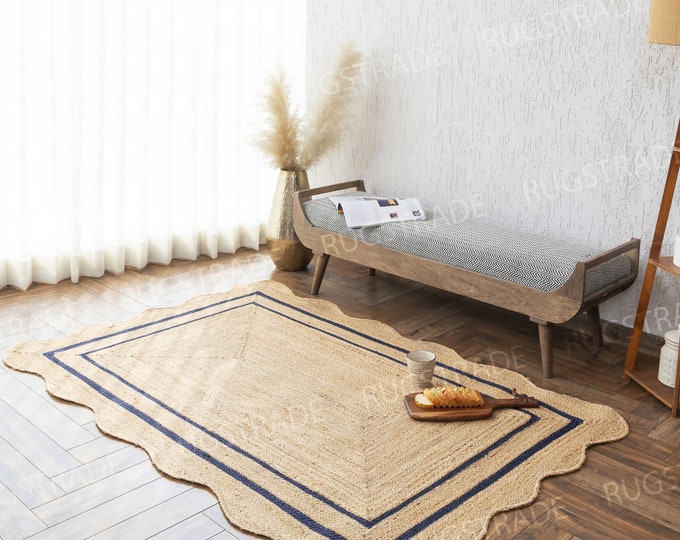 Jute Rug - Navy Wavy Edge Jute Scallop Rug, Bohemian Jute Rug, Natural Jute Area Rug, Scallop Jute Rug, Scalloped Jute Rug, Custom Rug