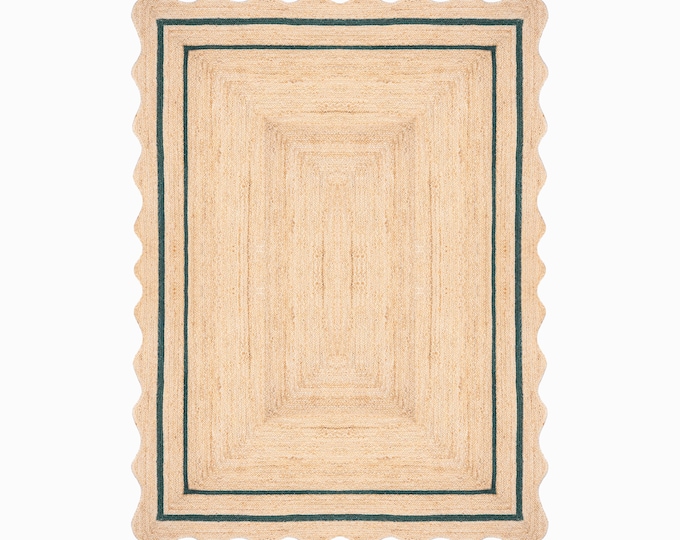 Jute Rug - Emerald Green Wave Scalloped Jute Rug, Runner Rug, Door Mat, Handcrafted Rug, Stair Runner, Rugs Gift, Yoga Mat , Custom Rugs