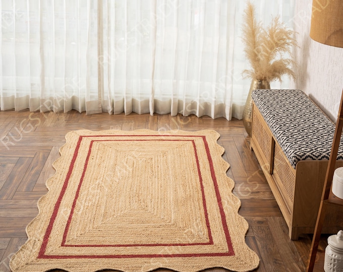Rustic Red Wave Edge Jute Rug - Scalloped Jute Rug, Jute Scalloped Rug, Bohemian Scallop Rug, Rectangular Natural Jute Area Rug, Custom Rug