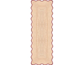 Jute Runner Rug - Rustic Red, Scalloped Hallway Runner, Handmade Braided Kitchen Runner, Natural Boho Runner Rug