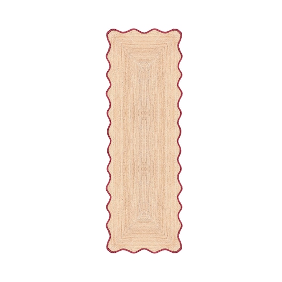 Jute Runner Rug - Rustic Red, Scalloped Hallway Runner, Handmade Braided Kitchen Runner, Natural Boho Runner Rug