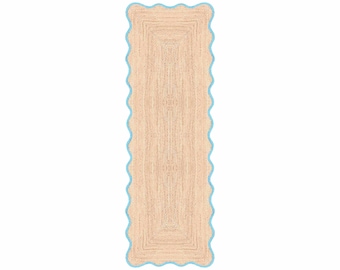Scalloped Jute Runner Rug Teal Blue, Jute Runner Rug 2x6, Handmade Braided Hallway Runner, Kitchen Entryway Rug, Natural Jute Runner