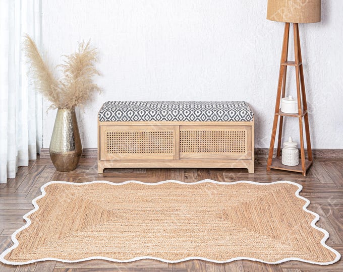 White Trim Scalloped Jute Runner Rug - Jute Runner Rug, Jute Scalloped Rug, Boho Scallop Rug, Natural Jute Rug Runner, Custom Size Jute Rug