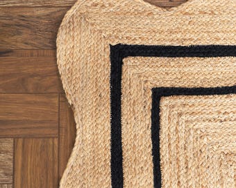Braided Jute Rug, Handmade Natural Area Rug, Scalloped Boho Rug, Woven Farmhouse Rug, Coastal Living Room Decor