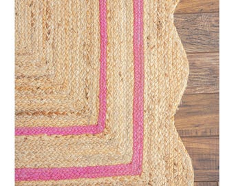 Braided Jute Rug, Handmade Natural Area Rug, Scalloped Boho Rug, Coastal Farmhouse Rug, Woven Living Room Rug