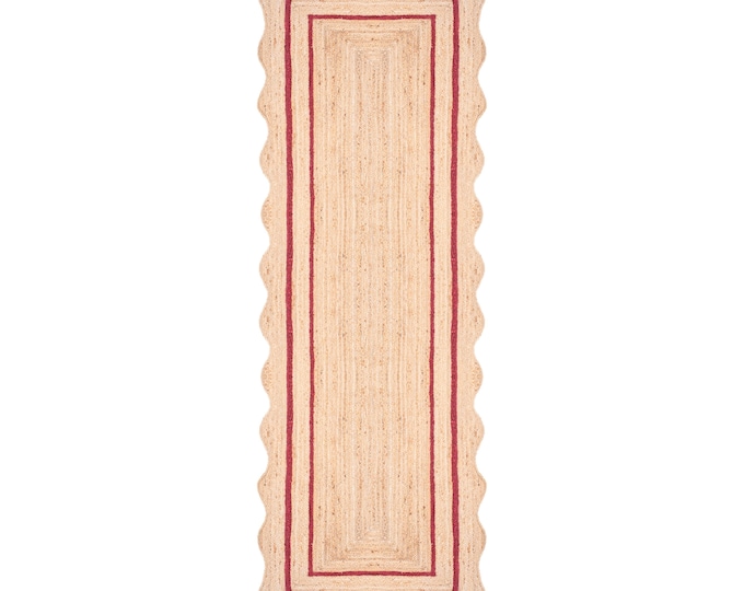 Scalloped Jute Rug - Rustic Red Wavy Jute Rug, Door Mat, Runner Rugs, Rattan Rugs, Rugs Gifts , Handcrafted Rugs , Yoga Mat ,Custom Rug