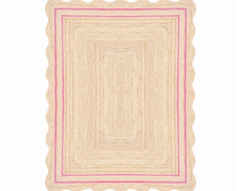 Scalloped Jute Rug, Handmade Braided Jute Area Rug 5x7 8x10 9x12, Natural Jute Rug, Boho Living Room Rug, Farmhouse Rug
