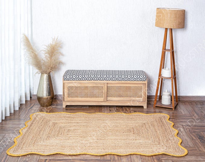 Yellow Trim Wave Scalloped Jute Rug