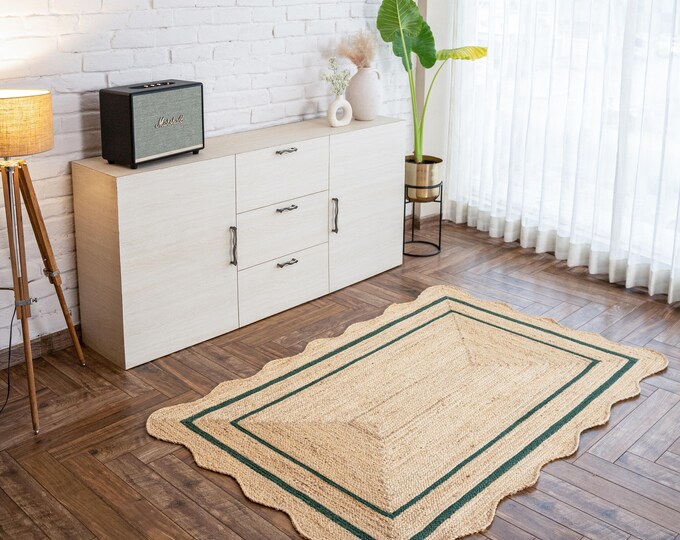 Scalloped Jute Rug - Emerald Green Wavy Jute Rug, Door Mat, Handcrafted Rugs ,Nursery Rug, Rugs Gift, Door Mat  ,Yoga Mat ,Custom Jute Rug
