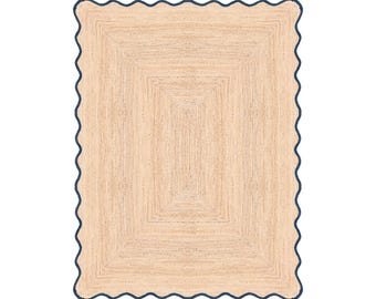 Scalloped Jute Rug Navy , Handmade Braided Area Rug 5x7 8x10 9x12, Natural Jute Rug, Boho Living Room Rug, Farmhouse Home Decor
