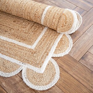 Alfombra de yute natural con borde festoneado - Alfombra de yute blanca con borde festoneado, alfombra de yute grande, alfombra con borde festoneado, alfombra de yute tipo pasillo, alfombra cuadrada de yute estilo bohemio, alfombra personalizada imagen 5