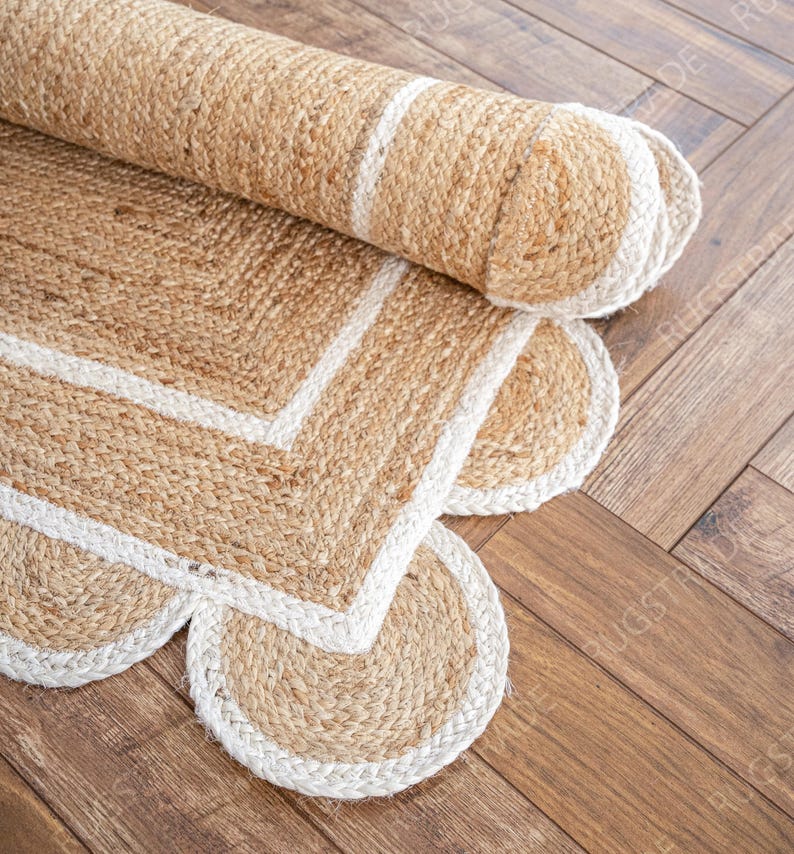 Alfombra de yute natural con borde festoneado - Alfombra de yute blanca con borde festoneado, alfombra de yute grande, alfombra con borde festoneado, alfombra de yute tipo pasillo, alfombra cuadrada de yute estilo bohemio, alfombra personalizada imagen 5