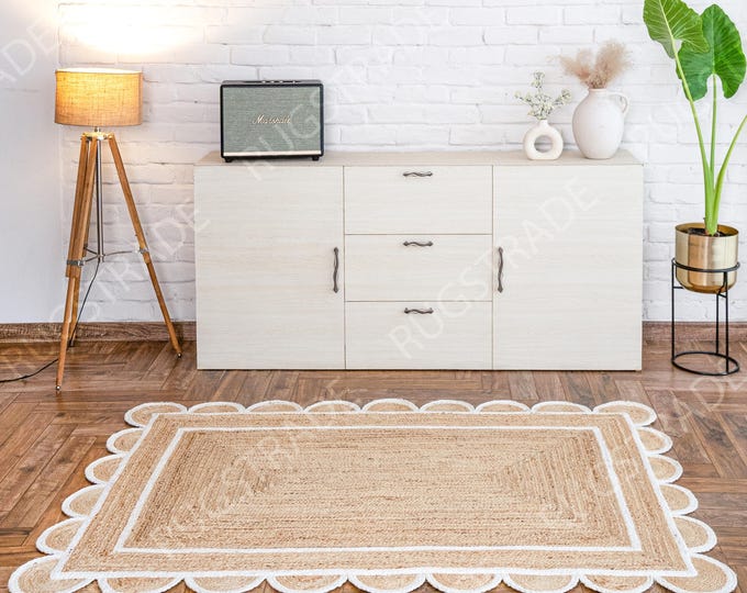 Natural Scallop Rug- White Scalloped Jute Rug, Large Area Jute Rug, Scalloped Rug, Jute runner Rug, Jute Rug Square Boho Jute Rug Custom Rug