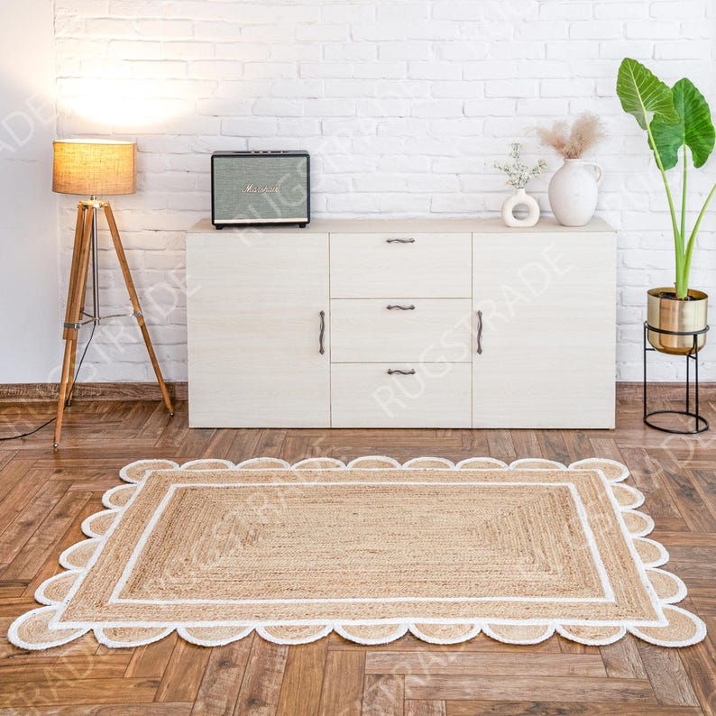 Alfombra de yute natural con borde festoneado - Alfombra de yute blanca con borde festoneado, alfombra de yute grande, alfombra con borde festoneado, alfombra de yute tipo pasillo, alfombra cuadrada de yute estilo bohemio, alfombra personalizada imagen 1