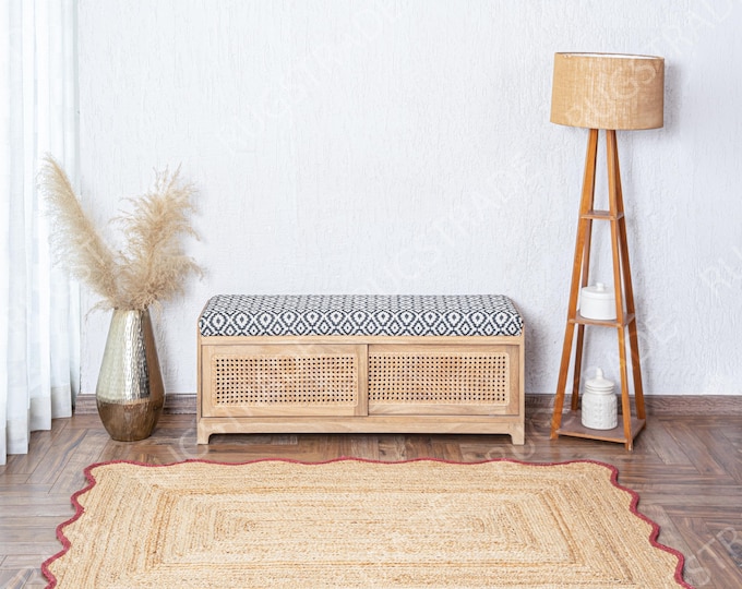 Rustic Red Scalloped Jute Runner Rug - Jute Runner Rug, Jute Scalloped Rug, Boho Scallop Rug, Natural Jute Rug Runner, Custom Size Jute Rug