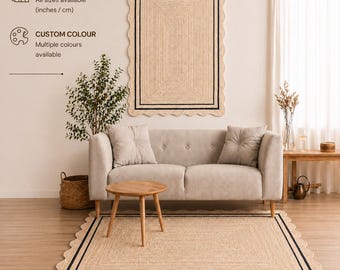 Custom Size Jute Rug, Handmade Scalloped Jute Rug, Long Hallway Runner, Braided Natural Rug, Made to Order Area Rug