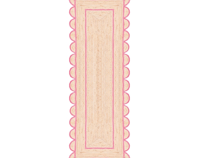Jute Rug - Dark Pink Scalloped Jute Rug, Door Mat, Handcrafted Rugs ,Nursery Rug, Rugs Gift, Christmas Door Mat  ,Yoga Mat ,Custom Rug